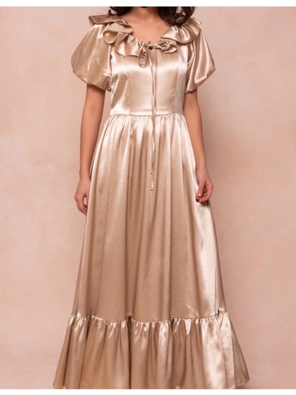 Ivy City Co Gold Satin Ruffle-Trim Maxi Dress - Picture 4 of 14